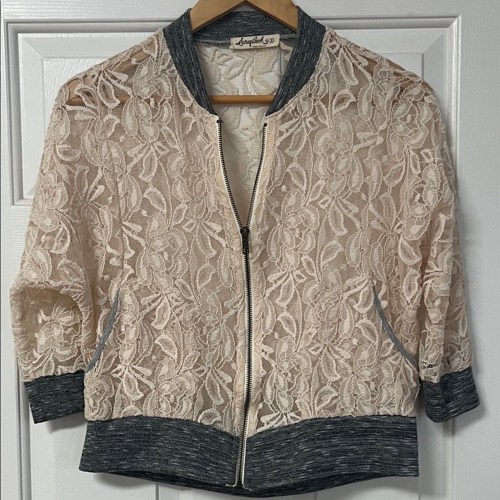 Scrapbook Lace Bomber Jacket Zip Up with Gray Trim and pockets Size Small